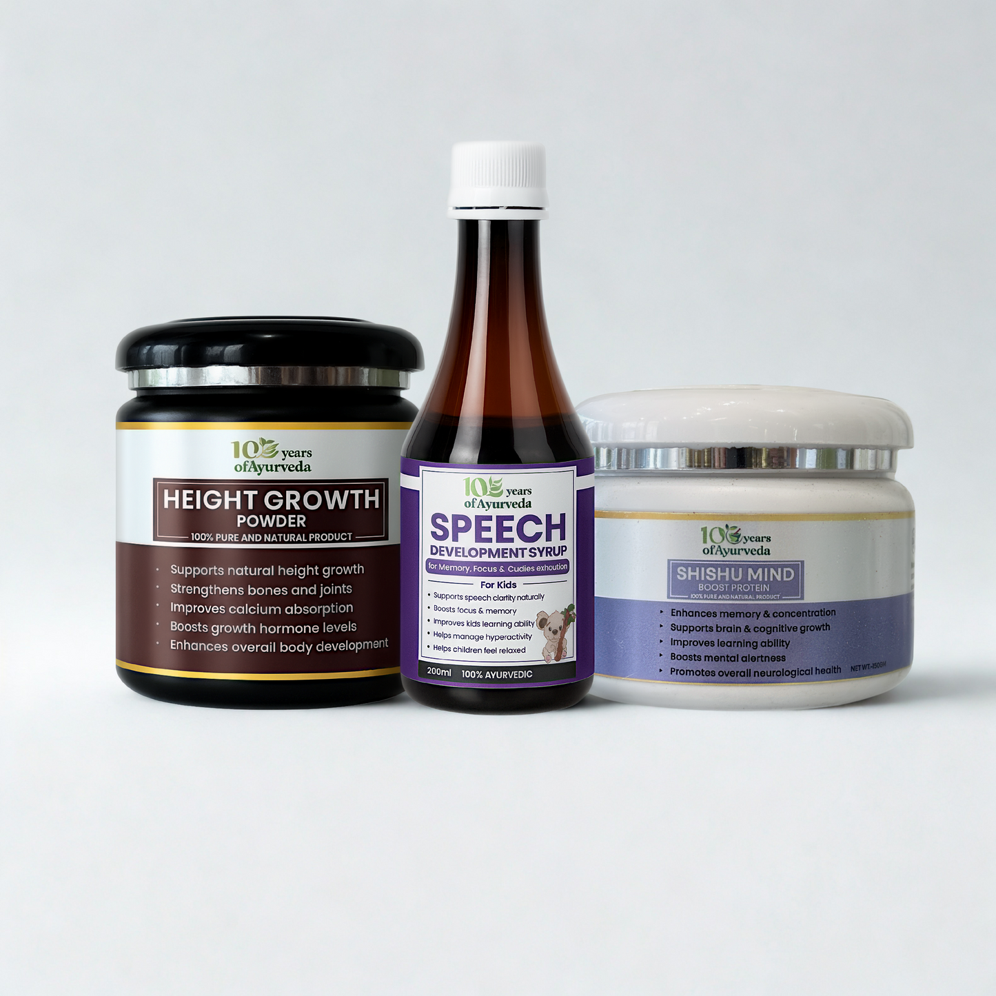 Children's Wellness Combo: Height Growth Powder, Speech Development Syrup & Shishu Mind Protein | Supports Natural Height, Brain & Speech Development