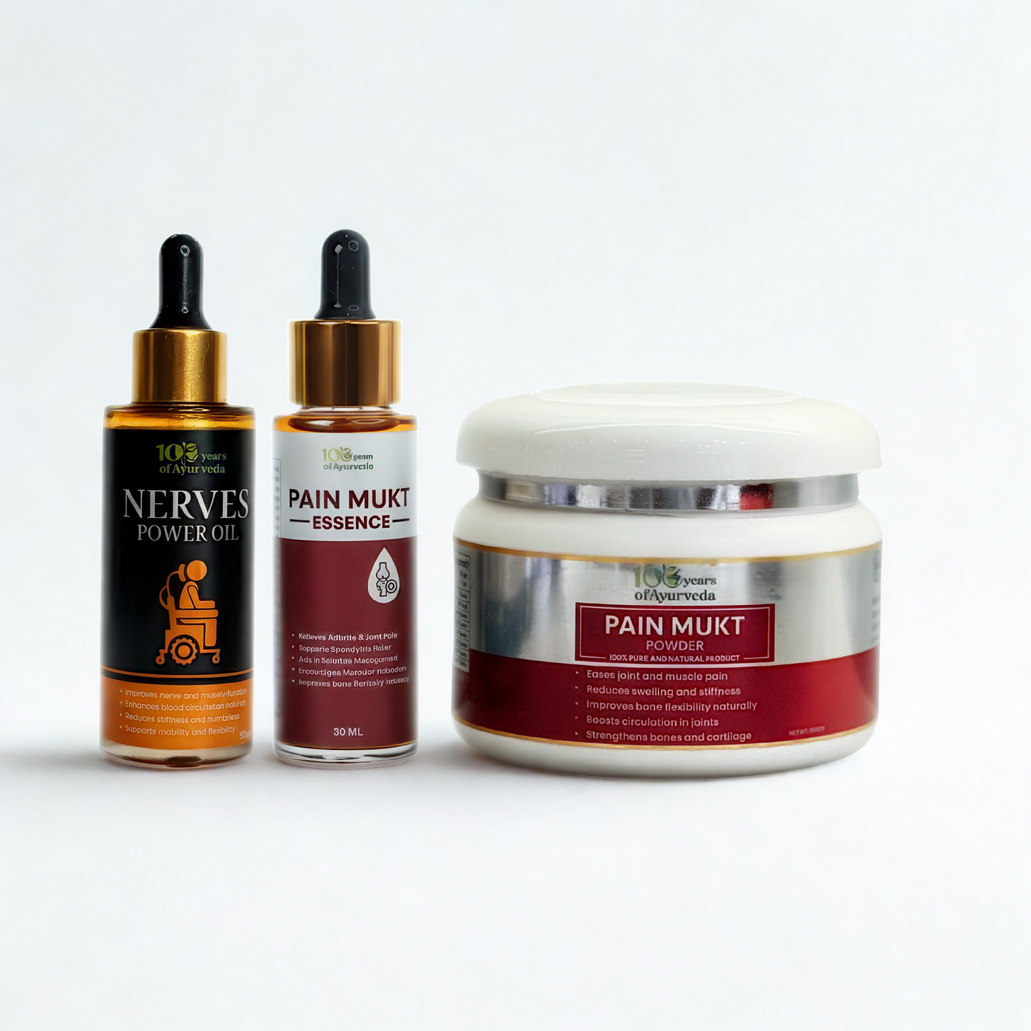 Pain Relief Combo: Nerves Power Oil, Pain Mukt Essence & Pain Mukt Powder | Relieves Joint Pain, Arthritis, Swelling & Muscle Stiffness