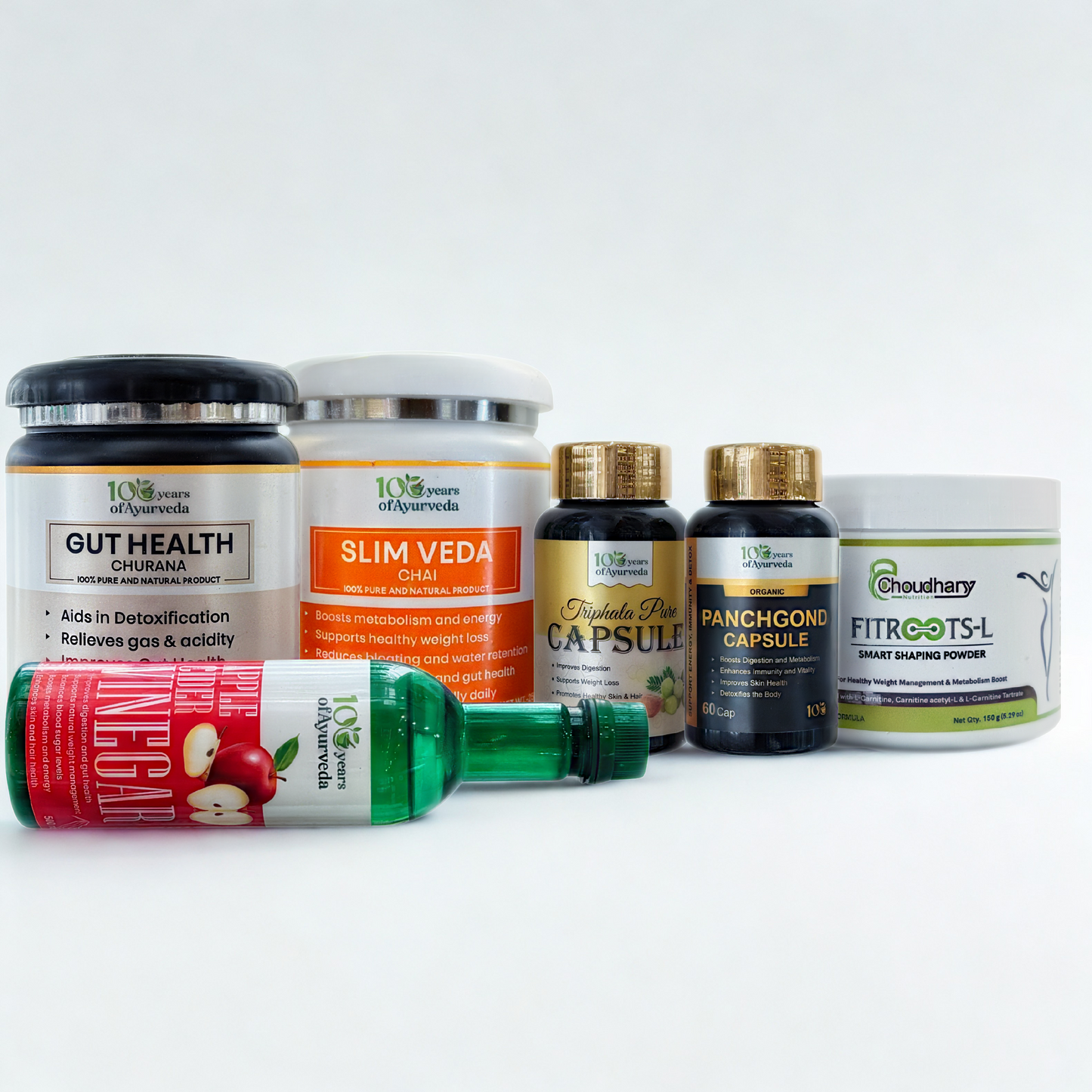 Gut Health Churna, Slim Veda Chai, Apple Cider Vinegar, Triphala Plus Capsule, Panchghond Capsule, and Fitroots-L Smart Shaping Powder.
