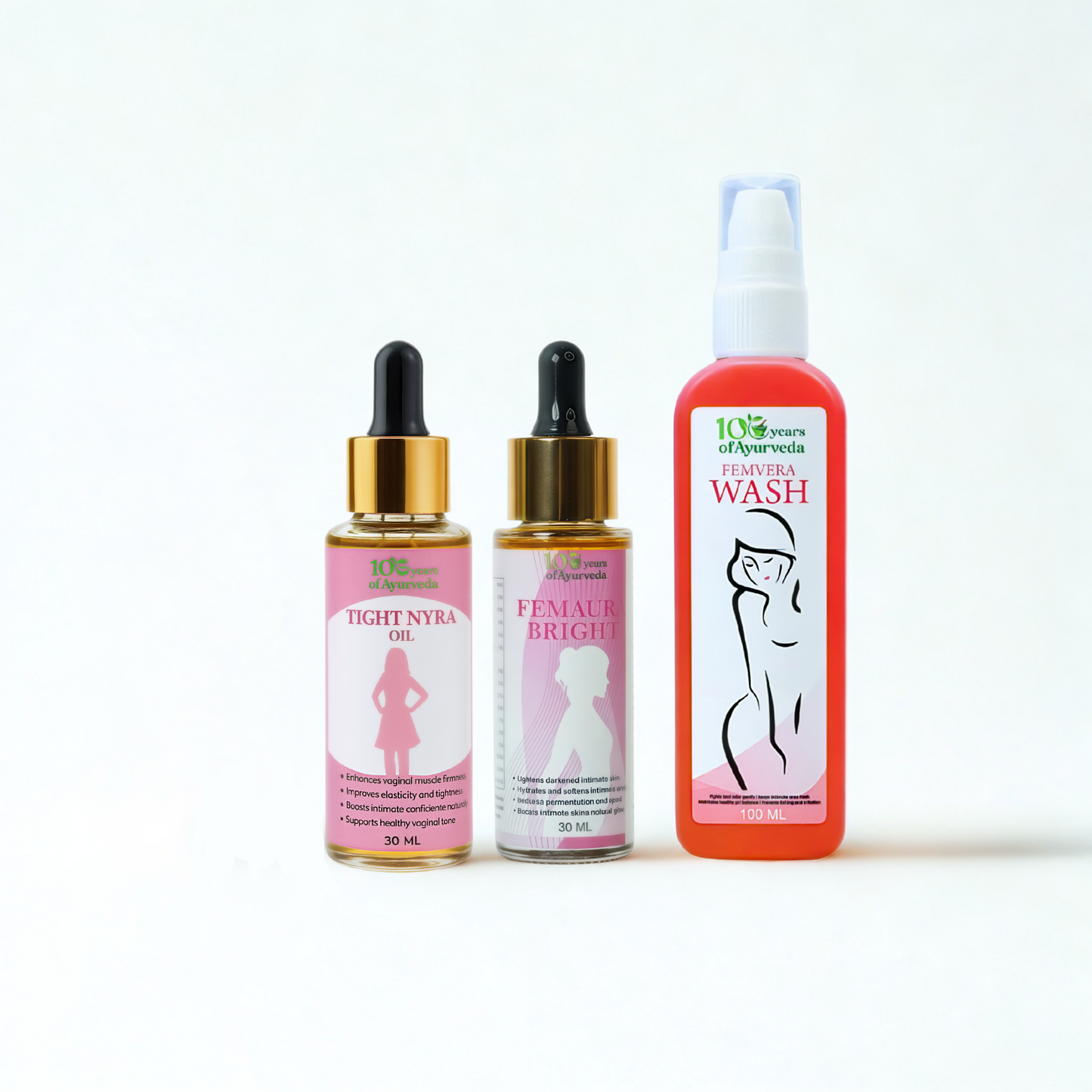 Feminine Wellness Combo: Femvera Wash, Femaur Bright Oil & Tight Nyra Oil | Supports Intimate Hygiene, Reduces Darkening & Tightening