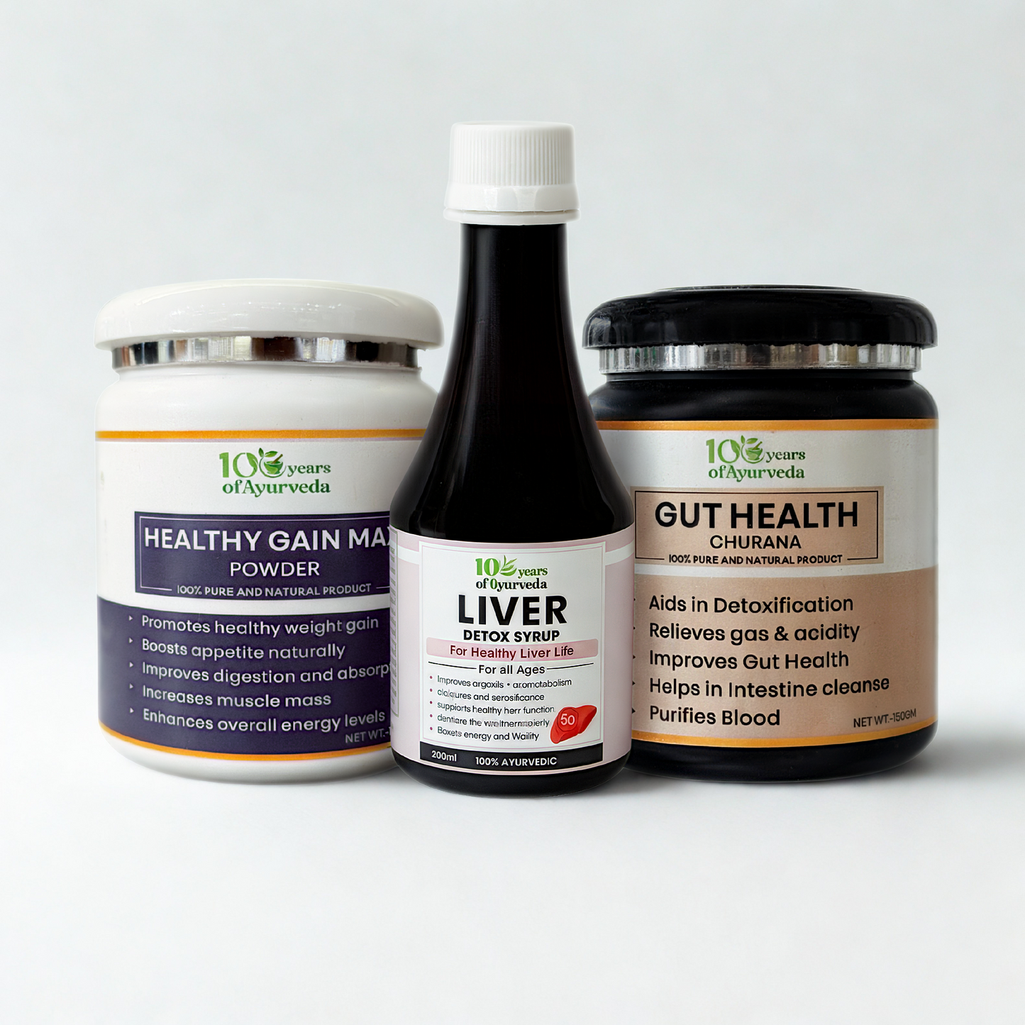 Healthy Gain & Detox Combo: Healthy Gain Mass Powder, Gut Health Churna & Liver Detox Syrup