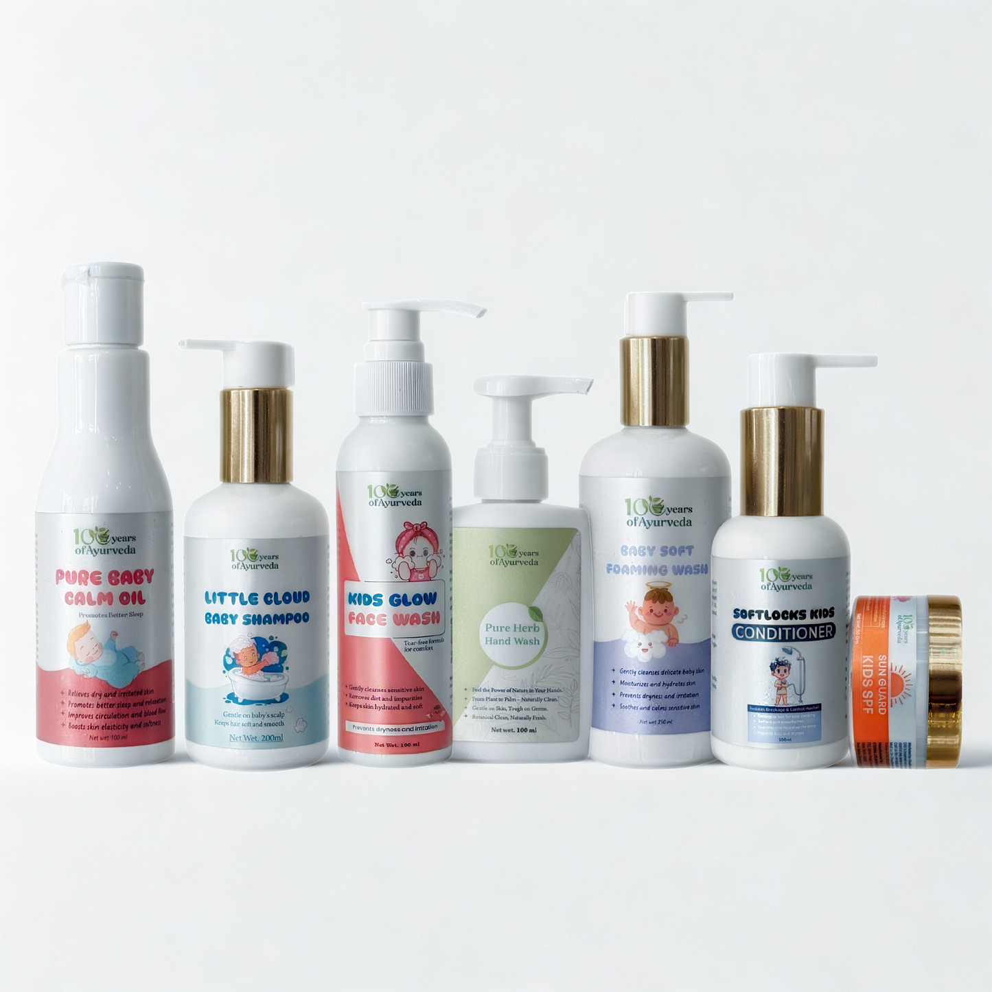 Baby Care Set | Pure Baby Calm Oil, Little Cloud Baby Shampoo, Kids Glow Face Wash, Pure Herb Hand Wash, Baby Soft Foaming Wash, Softlocks Kids Conditioner | Natural & Gentle Ayurvedic Skincare for Children - 6-Pack Combo