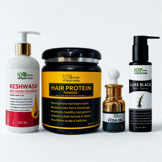 Hair Care Combo: Keshwash Red Onion Shampoo, Hair Protein Powder, Veda Oil & Luxe Black Hair Serum