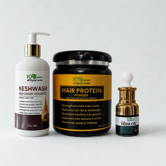 Ayurveda Hair Care Trio: Keshwash Red Onion Shampoo, Hair Protein Powder & Veda Oil