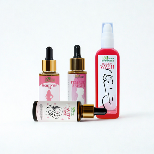 Feminine Intimate Care Combo: Femvera Wash, Femaur Bright, Tight Nyra Oil & Uraveda Shine | Supports Intimate Hygiene, Brightening, Tightening & Firmness