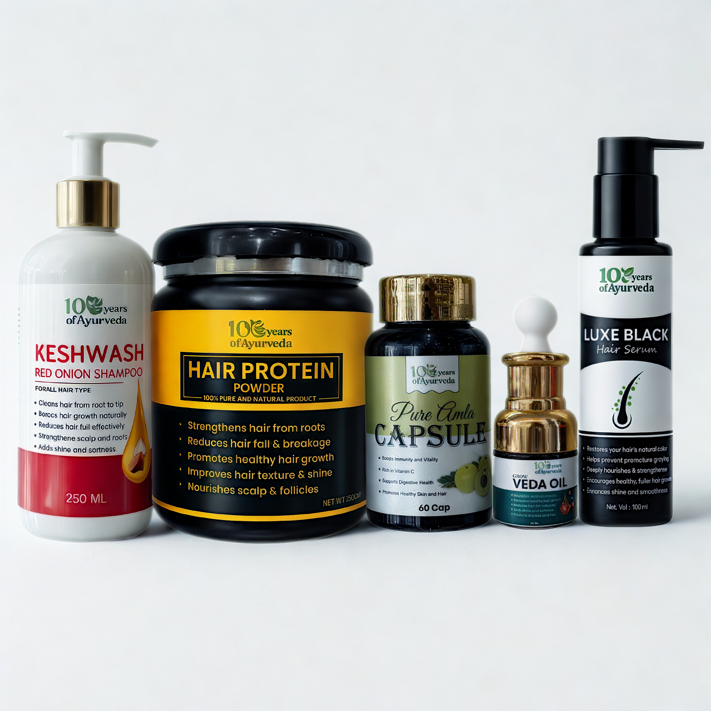 Ultimate Hair Care Combo | Keshwash Red Onion Shampoo, Hair Protein Powder, Pure Amla Capsules, Veda Oil & Luxe Black Hair Serum | Natural Hair Growth, Strength & Shine Set - 5-Pack