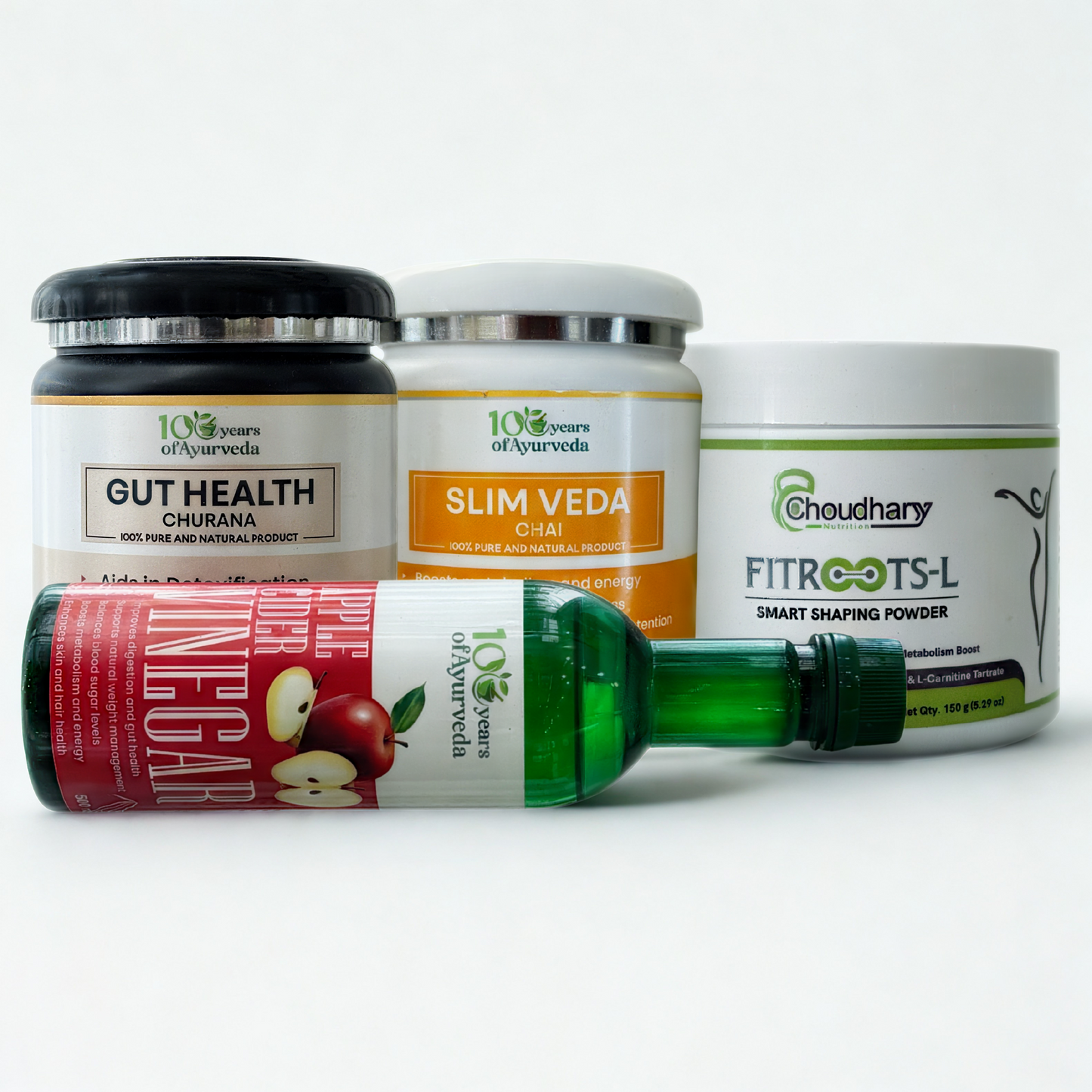 Weight Management & Detox Combo | Gut Health Churna, Slim Veda Chai, Apple Cider Vinegar & Fitroots-L Powder for Healthy Metabolism & Body Cleanse