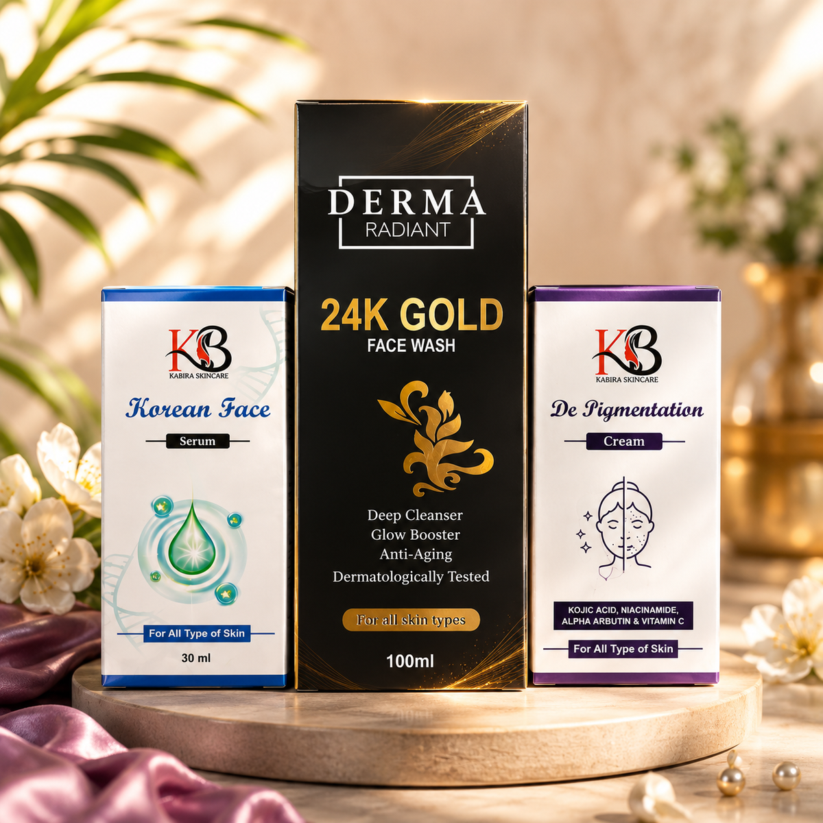 Kabira Skincare 24K Gold Face Wash + Korean Face Serum + De Pigmentation Cream Combo