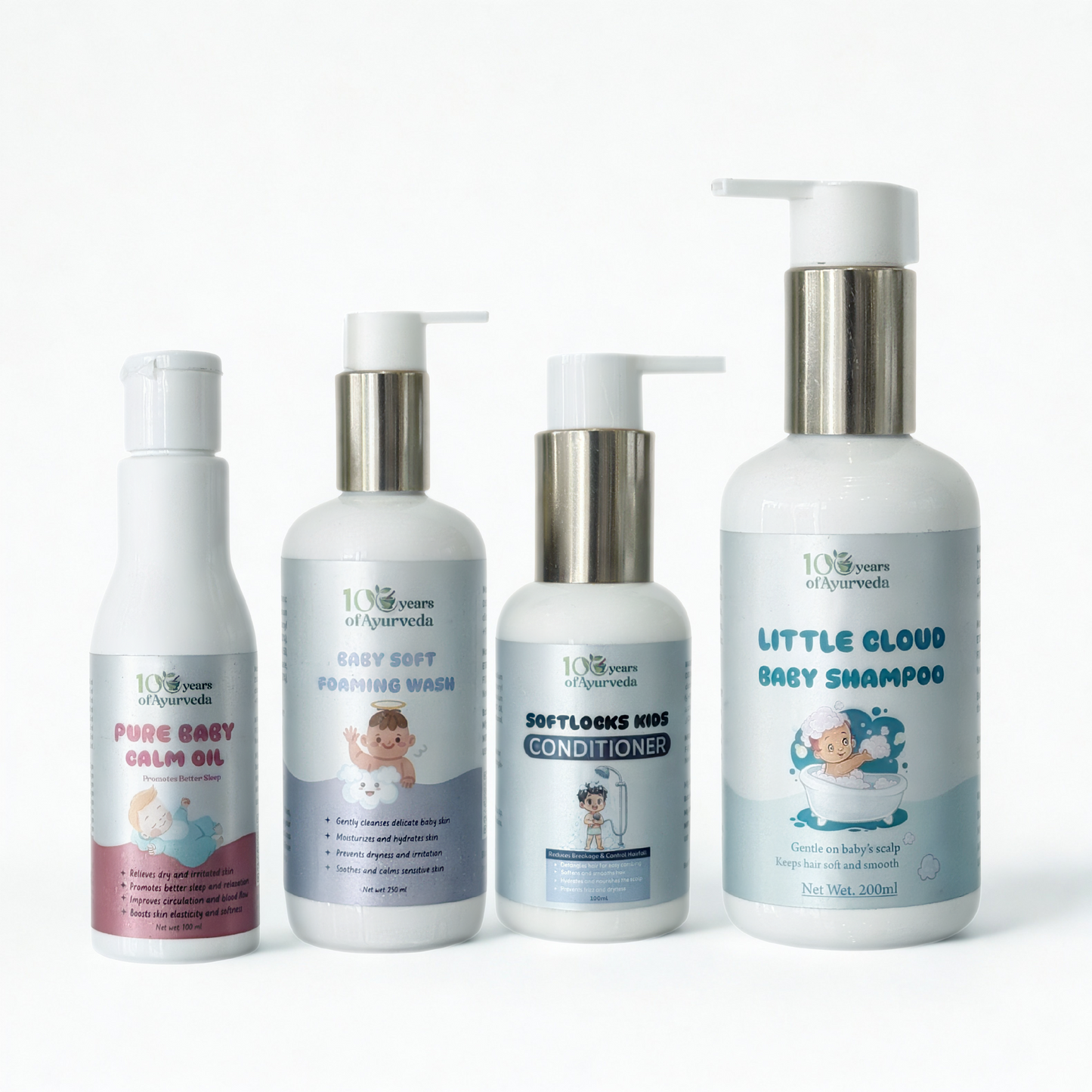 Baby Care Kit | Pure Baby Calm Oil, Baby Soft Foaming Wash, Softlocks Kids Conditioner & Little Cloud Baby Shampoo | Gentle & Natural Ayurvedic Products for Baby - 4-Pack Combo